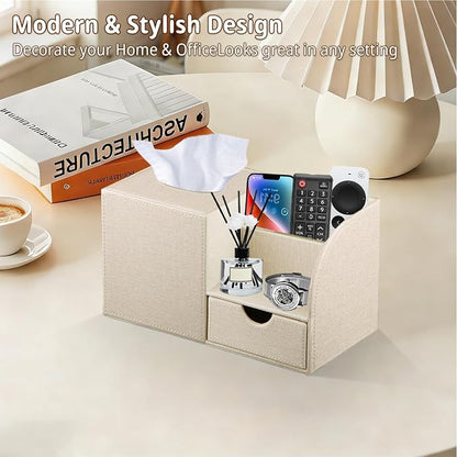 Nightstand Organizer with Tissue Holder,PU Leather Square Tissue Box Cover,Modern Facial Paper Organizer Storage Box for Remote Control,Bathroom,Vanity Countertop,End Table Home Office.Beige