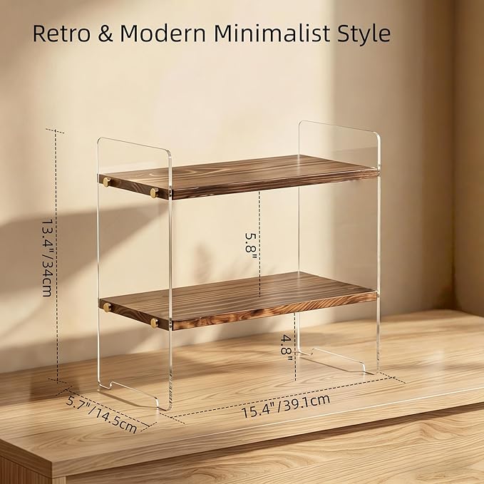 Coffee Station Organizer 2 Tier, Solid Wood Mug Shelffor Coffee Bar,Matcha Station,Tea Storage - Holds Mugs,Beans,Syrup,Cups,Tirrers (Dark Brown Wood Grain, 15.4" L x 5.7" W x 13.4" H)