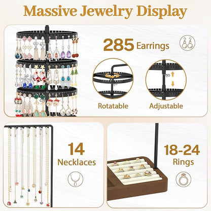 MODOWEY Earring Holder Organizer Jewelry Stand, 285 U-Slots Adjustable Rotating Earring Tree Rack, 14 Hooks Tall Necklace Display for Women, 5 Tier Compact Large Capacity Tower with Ring Tray, Black