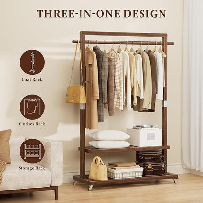 Solid Wood Clothes Rack with Wheels | 3-in-1 Freestanding Garment Rack & Coat Tree, Extra-Long Rod, Two Shelves, 220 lb Load | Organizer for Bedroom & Entryway