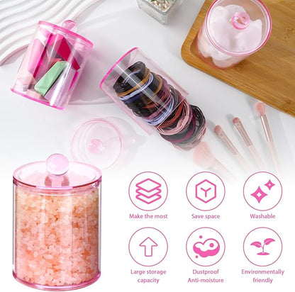 XIPENGKEJI 4 Pack Qtip Holder,Canister Apothecary Jar Set, Bathroom Jars with Lids Set for Cotton Swabs, Balls, Pads, Floss Picks,10oz-12oz Plastic Canisters Restroom Bedroom Vanity Organizer(Pink)