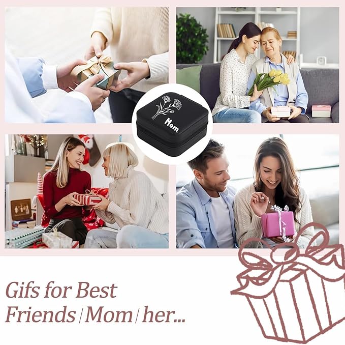 Personalized Jewelry Box, Custom Name Mini Jewelry Case with Birth Flower Jewelry Organizer Travel for Mothers Day Gifts, Birthday Gifts, Wedding Gifts for Mom Wife Girls