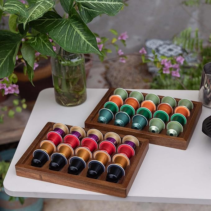 2 PCS Acacia Wood Coffee Pod Holder Tray Compatible with Nespresso Original Line, Organizer, Storage, Container, Capsule Cup Holder for Countertop or Drawer, Total 40 Pods Capacity
