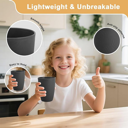 6 Pack Wheat Straw Cups 12 oz, Plastic Cups Reusable Drinking Glasses, Small Kids Cup, Unbreakable Water Tumblers Set Kitchen Cup Dishwasher Safe (Black, Grey)