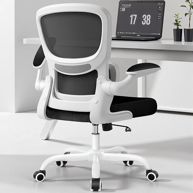 Office Chair Ergonomic Desk Chair, Breathable Mesh Comfy Chair with Lumbar Support, Computer Chair, Home Desk Chair with Flip-up Armrests, Gaming Chair for Adults Home Office (White)