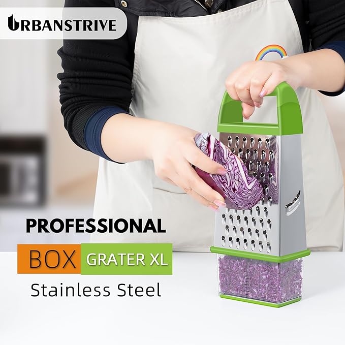 Urbanstrive Cheese Grater With Container, Professional Cheese Grater with Handle, Stainless Steel Graters for Kitchen Handheld, Box Grater with 4 Sides for Vegetables, Ginger, Potatoes (Green)
