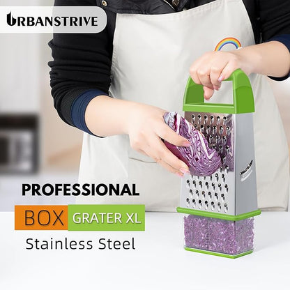 Urbanstrive Cheese Grater With Container, Professional Cheese Grater with Handle, Stainless Steel Graters for Kitchen Handheld, Box Grater with 4 Sides for Vegetables, Ginger, Potatoes (Green)