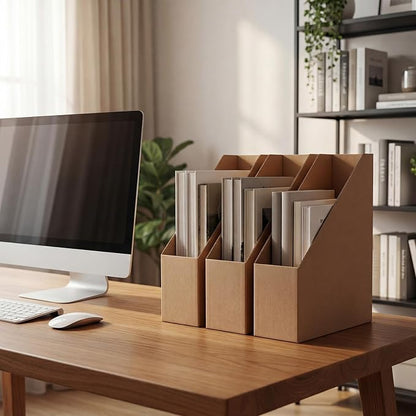 EXYGLO 12 Pack Brown Magazine File Holder, Cardboard Magazine Rack with Label, Foldable Storage Organizer Box for Book, Documents, 10x3.3x12 Inches