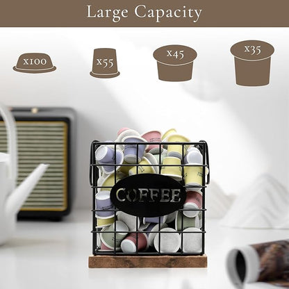 Coffee Pod Holder Organizer,Large Capacity K Cup Holder Organizer, Storage Basket for Kitchen Countertop Office Coffee Bar with Wooden Base(Rustic Brown-Square)