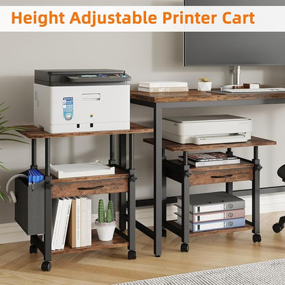 YAOHUOO 22"x15" Large Printer Stand with Drawer, 3-Tier Rolling Table Cart | Storage Drawer and Side Bag,Height Adjustable Cart,Fit printer/fax/3d/scanner,4 lock wheels or feet,Home Office,Rustic Brown