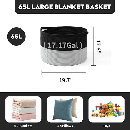 Foldable Laundry Hamper Basket with Collapsible Handle Cotton Rope Soft Woven Fabric Storage Organizer Clothes Toys Nursery Bedroom Dorm Space Saving Bin (Black & Grey, 65L(19.7"D x 12.6"H))