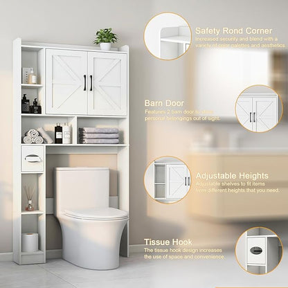Over The Toilet Storage Cabinet, Farmhouse Storage Cabinet Over Toilet with 2 Barn Door & Toilet Paper Holder Stand, Home Space-Saving Rack, for Bathroom, Restroom (White).