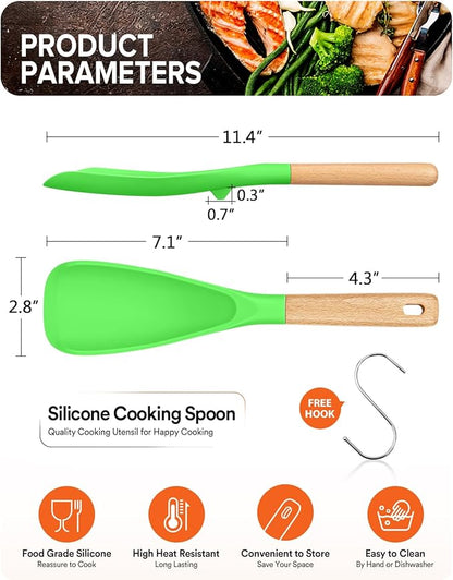 Cooking Spoon for Nonstick Cookwares, Great for Cooking and Serving Sturdy BPA-Free Matte Silicone, Wood Handle Spoon for Mixing, Scoop, and Scrape (APPLE GREEN, 11.4 inch)