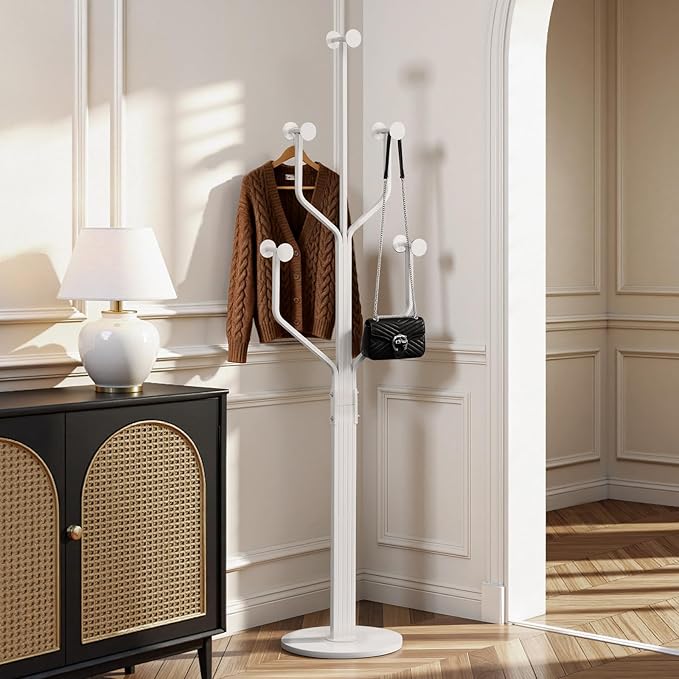 Coat Rack Freestanding with 10 Hooks, Metal Coat Rack Stand, Heavy Duty Standing Coat Tree with Sturdy Round Base for Clothes, Hat, Jacket/Entryway, Hallway, Bedroom, White