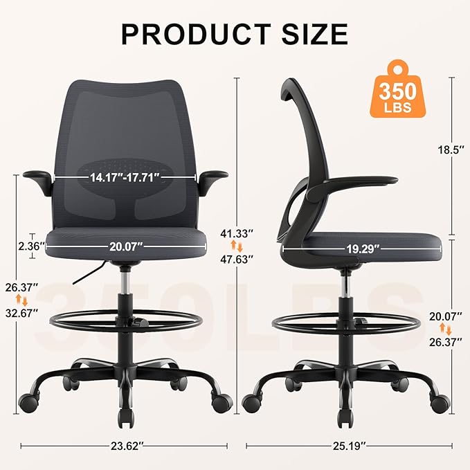 Tall Drafting Chair Ergonomic Home Office Desks Chairs Standing Desk Chair with Flip-up Armrests Adjustable Height Breathable Mesh Office Chair with Lumbar Support and Adjustable Footrest Ring Grey