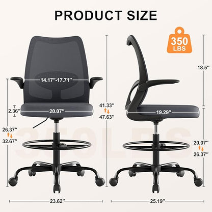 Tall Drafting Chair Ergonomic Home Office Desks Chairs Standing Desk Chair with Flip-up Armrests Adjustable Height Breathable Mesh Office Chair with Lumbar Support and Adjustable Footrest Ring Grey