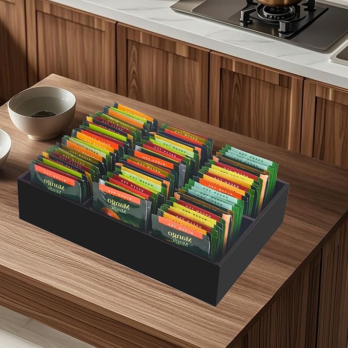Tasybox Tea Bag Organizer, Black Acrylic Tea Bag Holder with 6 Slot, Tea Packet Storage for Drawer, Pantry, Kitchen, Cabinet, Countertop