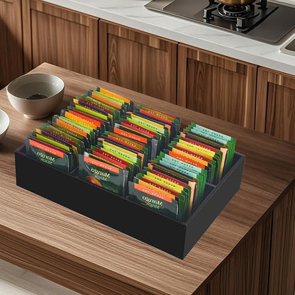 Tasybox Tea Bag Organizer, Black Acrylic Tea Bag Holder with 6 Slot, Tea Packet Storage for Drawer, Pantry, Kitchen, Cabinet, Countertop