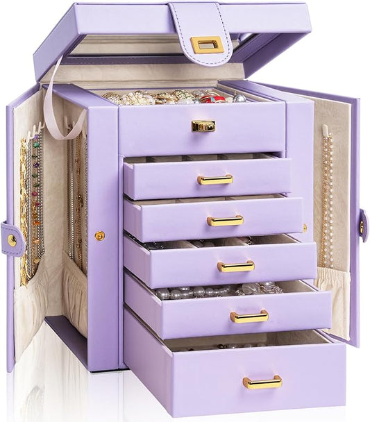 AKOZLIN 6-Tier Jewelry Box Organizer Functional 5 Drawers Leather Jewelry Storage Case for Women Girls Ring Necklace Earring Bracelet Holder Organizer with Mirror Purple Regular