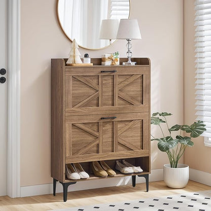 MAHANCRIS Shoe Storage Cabinet, Shoe Organizer with 2 Flip Drawers, Hidden Shoe Storage for Entryway, Freestanding Shoe Cabinet Organizer with Open Storages, Walnut SHWA9401