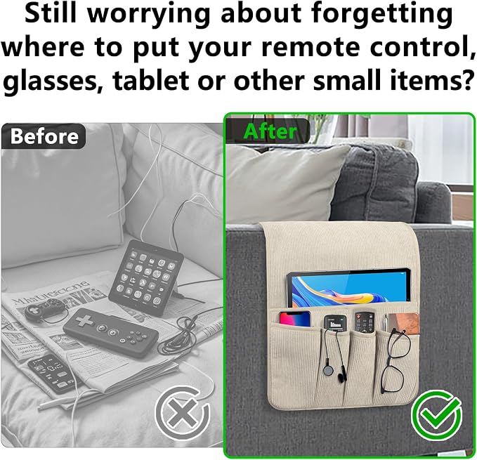 Remote Control Holder, Armchair Caddy Couch Caddy, Anti Slip Corduroy Tv Remote Holder Couch Caddy with 5 Pockets for Storage Couch Accessories Bedside Organizer Senior Citizen Gifts