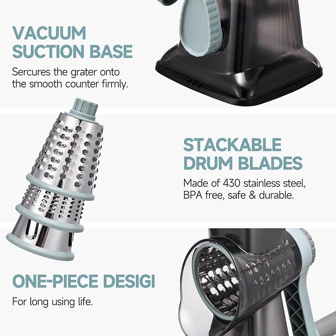 Rotary Cheese Grater with Handle Kitchen Shredder Slicer Grater Slicer Ice Shaver Cheese Vegetable Nuts Potato Zucchini Chocolate 3 Interchangeable Blades (GreyBlue