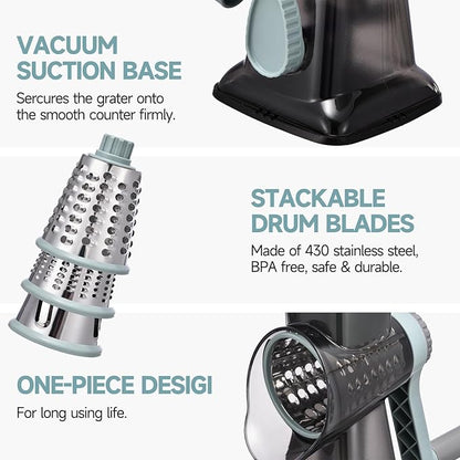 Rotary Cheese Grater with Handle Kitchen Shredder Slicer Grater Slicer Ice Shaver Cheese Vegetable Nuts Potato Zucchini Chocolate 3 Interchangeable Blades (GreyBlue