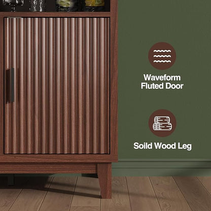 Fluted Buffet Cabinet with Storage, Modern Coffee Bar Cabinet with Outlet, Removable Wine Rack, Multi-Functional Accent Liquor Cabinet for Living Room, Entryway, Kitchen, Walnut