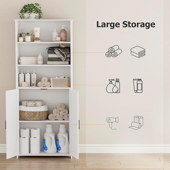 Homhedy 67" Tall Bathroom Storage Cabinet, Freestanding Farmhouse Cabinet with 2 Doors and Adjustable Shelf, Bathroom Organizers and Storage for Kitchen, Living Room, Laundry Room, White