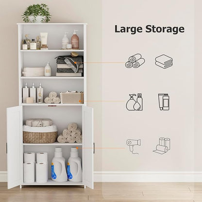 Homhedy 67" Tall Bathroom Storage Cabinet, Freestanding Farmhouse Cabinet with 2 Doors and Adjustable Shelf, Bathroom Organizers and Storage for Kitchen, Living Room, Laundry Room, White