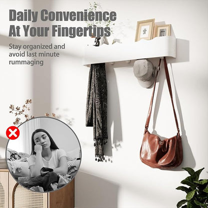 Coat Rack Wall Mount with Shelf 8 Hidden Hooks Modern Wooden Key Holder Entryway Organizer for Hallway Bedroom Bathroom Home Decor Storage for Hanging Coats Hats Bags Towels, Wave-Shape White