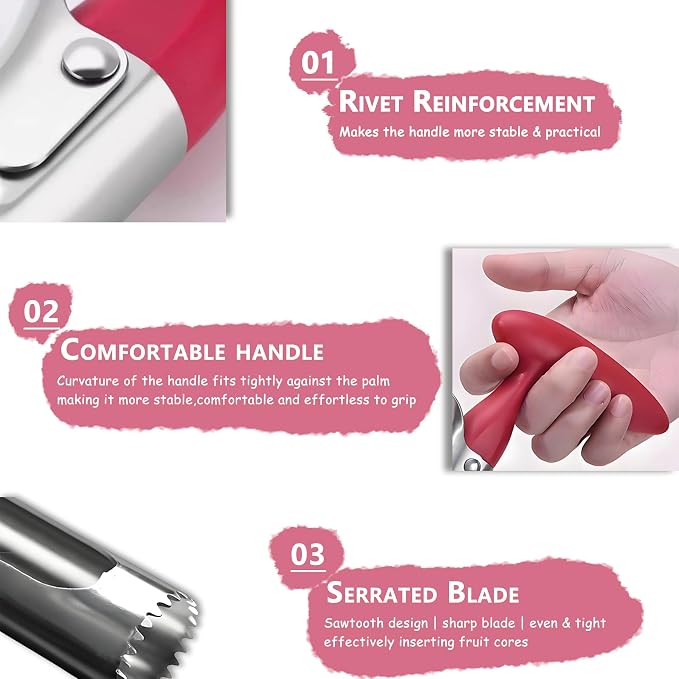 Apple Corer, Stainless Steel Fruit Core Remover with Ergonomic Grip, Sharp Serrated Blade for Apples and Pears, Dishwasher Safe Kitchen Gadget for Baking & Snack Prep (Red)