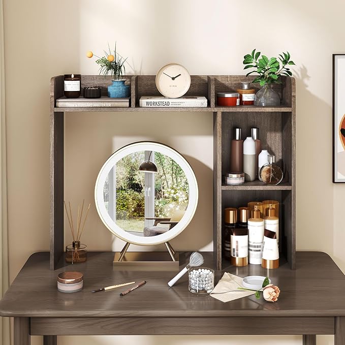 Desk Hutch, Desktop Shelf with 5 Shelves, Desk Bookshelf w/Anti-Toppling Devices, Wood Table Top Bookshelf Organizer, Small Desk Shelf for Study, Office, Dorm (Grey, 5 Shelves)