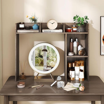 Desk Hutch, Desktop Shelf with 5 Shelves, Desk Bookshelf w/Anti-Toppling Devices, Wood Table Top Bookshelf Organizer, Small Desk Shelf for Study, Office, Dorm (Grey, 5 Shelves)