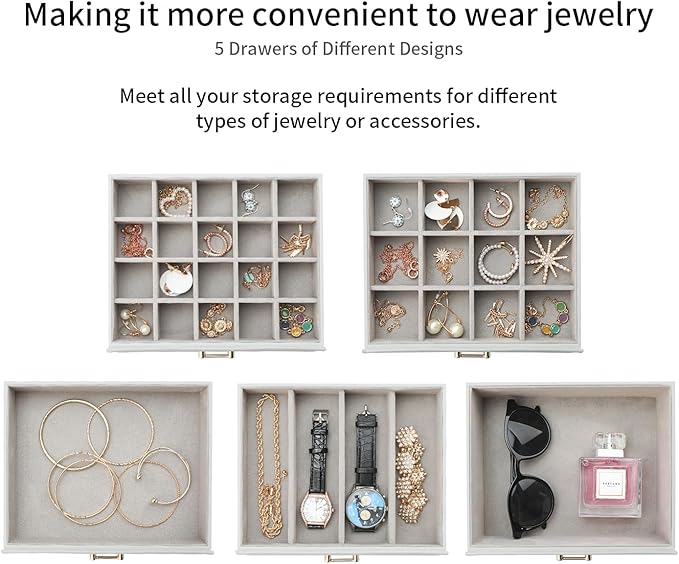 Large Jewelry Box,Jewelry Organizer Box with 5 Drawers,6-Tier Jewelry Boxes Organizers Jewelry Storage Case with Mirror,Extra Large Jewelry Boxes for Women(Grey)