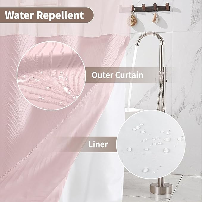 no Hook Shower Curtain and Liner Set，Boho Style with See Through Top Window, Pink Fabric Tufted Striped Textured Outer Curtain & Waterproof Inner Liner, Pink, 71Wx98H