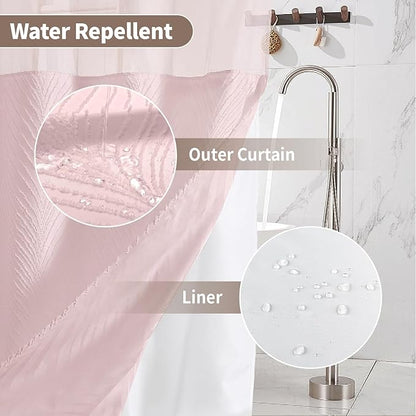 no Hook Shower Curtain and Liner Set，Boho Style with See Through Top Window, Pink Fabric Tufted Striped Textured Outer Curtain & Waterproof Inner Liner, Pink, 71Wx98H