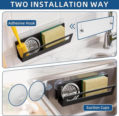 Sponge Holder for Kitchen Sink with Suction Cups & Adhesive Hook, Rustproof In-sink Sponge Holder, Space-saving Wall Hanging Sink Caddy Organizer Rack - Sponge, Dish Cloth, Brush-Stainless Steel