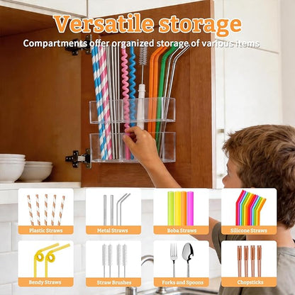 2 PACK Small Acrylic Straw Holder for Cabinet Doors, Reusable Adjustable Two-Part Straw Organizer with Ultra Sticky Adhesive Strips, 2026 Space-Saving Straw Storage for Kitchen Cupboard