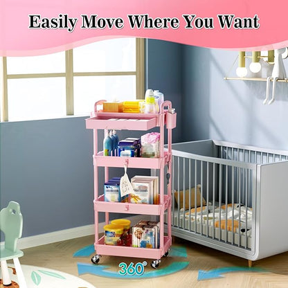 SUNALLY 4 Tier Rolling Utility Cart with Drawer, Storage Organizer Cart with 2 Lockable Wheels, Multifunctional Rolling Storage Cart for Bathroom, Kitchen, Craft, Makeup, Baby Essentials, Pink