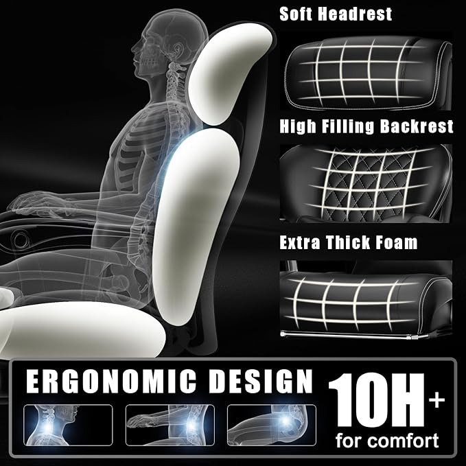 Executive Big and Tall Office Chair with 7.83Hz Schumann Resonance Sleep Aid & Heating Stress Relief Heavy Duty Metal Base Desk Chair, Silent Rubber Wheels, Thick and Wide Cushion, Black
