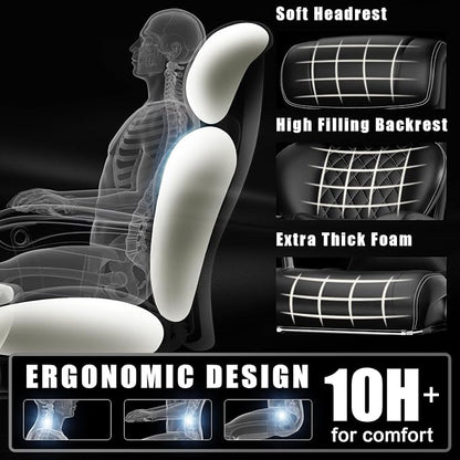 Executive Big and Tall Office Chair with 7.83Hz Schumann Resonance Sleep Aid & Heating Stress Relief Heavy Duty Metal Base Desk Chair, Silent Rubber Wheels, Thick and Wide Cushion, Black