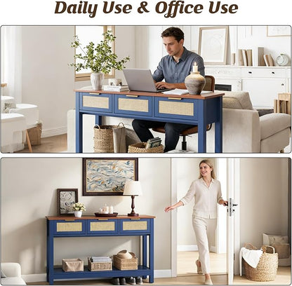 Luoxiao 47" Blue Entryway Table with 3 Rattan Drawers and Open Shelf Storage, Long Sofa Tables for Living Room, Console Entry Table for Hallway, Foyer, Couch, Front Door