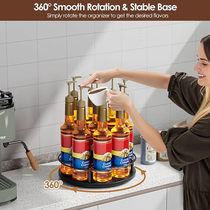 Nuovoware 9 Bottles Rotating Coffee Syrup Rack, Syrup Rack Organizer Carbon Steel Frame with Wooden Base Bottle Holder for Coffee Flavored Syrups Table Top Thermos Liquor, Black+Black