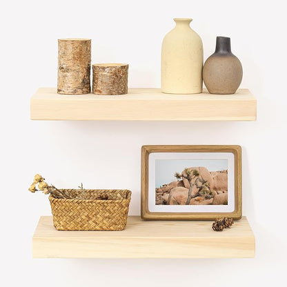 Marsmiles Natural Wood Floating Shelves | Unfinished Wood Wall Shelves Set of 2 | 16" W x 7.7" D x 1.6" H Natural Wooden Shelves for Bathroom Living Room Kitchen