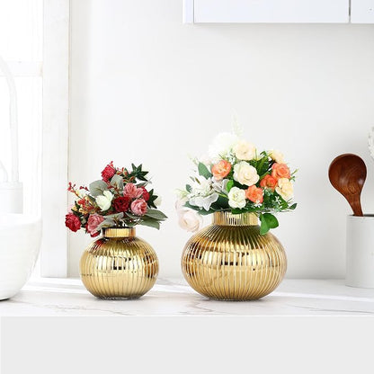 Gold Glass Vases for Tulips, Set of 2, Flower Vases for Bouquet, Ribbed Glass Vase for Flowers, Short Vase for Living Room, Office, Coffee Table, Shelf, Wedding