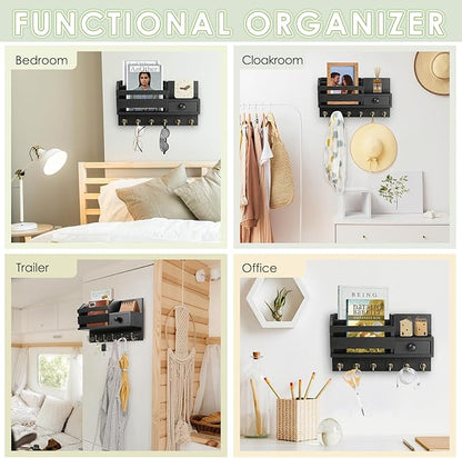 VIS'V Key Holder Wall Mount, Wooden Mail and Key Organizer with Drawer and Shelf, 2 Slots, 6 Hooks, Black