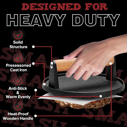Grilliance Smash Burger Press Kit, 3 in 1 Hamburger Press Patty Maker, Dark Black Cast Iron Burger Press, Cleaning Pad Set for Grill, Griddle, Flat top, Kitchen, Cooking
