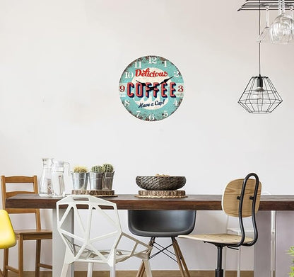 XFM Vintage Kitchen Wall Clock 12 Inch Silent Wooden Wall Clocks Battery Operated Blue Retro Round Clocks for Cafes Bar Farmhouse Office