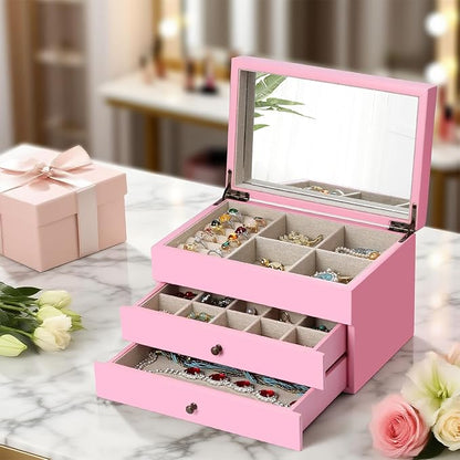 Meangood Jewelry Box Organizer for Women, 3 Layer Large Jewelry Storage Case, Rustic Wooden Jewelry Box with Mirror & Ring Tray for Necklace Earring Bracelets Rings, Vintage Style (Pink)
